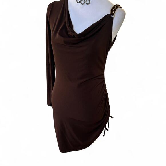 Y2K VTG cache brown stretchy one sleeve chain link ruched tie mini dress x small - Picture 3 of 7